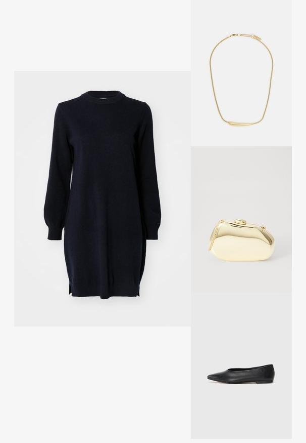 GANT DRESS - Svetríkové šaty - evening blue; Čierne kožené baletky, špicatý špička, minimalistický dizajn, hladká textúra, nízky podpätok, bez viditeľných prvkov alebo ozdôb.; Kovová zlatá kabelka s hladkým, zaobleným tvarom, ktorá má horné zapínanie na gombík a malý reťazový popruh na nosenie.; Zlatom pozlátený náhrdelník s hladkým, zakriveným centrálnym akcentom. Obsahuje flexibilný reťaz s karabínkovým zapínaním a ďalšími nastaviteľnými článkami reťaze.