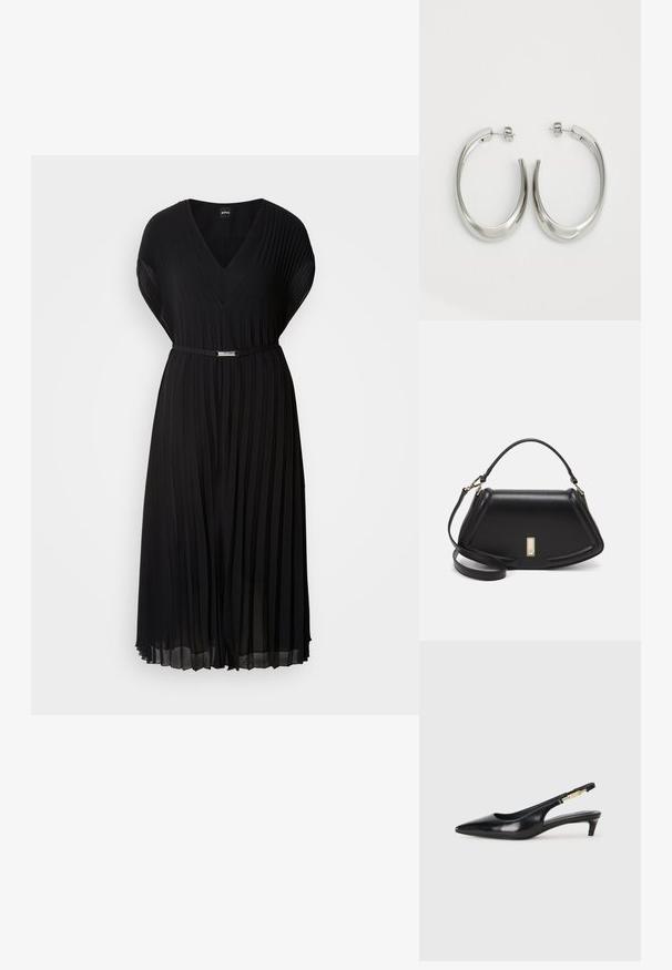 Μαύρο πλισέ φόρεμα με V-λαιμόκοψη και κοντά μανίκια, διαθέτοντας μια λεπτή ζώνη με μεταλλική πόρπη στη μέση. Μαλακή υφή υφάσματος.; Μαύρες δερμάτινες γόβες slingback με μυτερή μύτη, διαθέτοντας λεπτό τακούνι και χρυσή λεπτομέρεια στην ρυθμιζόμενη λωρίδα. Λείος υφές.; Μαύρη δερμάτινη τσάντα με δομημένο σχέδιο, που διαθέτει κομμένο σχήμα, επάνω λαβή και χρυσά μεταλλικά στοιχεία. Περιλαμβάνει ρυθμιζόμενο λουρί ώμου.; Ασημένια σκουλαρίκια κρίκοι με μαλακή, καμπυλωτή σχεδίαση. Διαθέτουν γυαλιστερή μεταλλική υφή και κλείσιμο με σφίγγα. Χωρίς ορατά μοτίβα ή διακοσμήσεις.