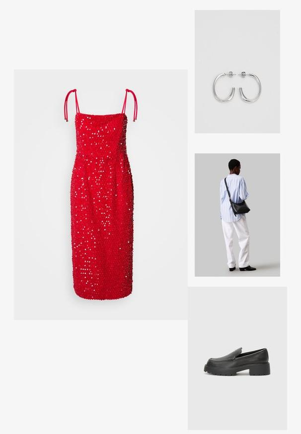 Rochie roșie fără mâneci, cu o siluetă ajustată, acoperită cu paiete, având bretele ajustabile și o margine dreaptă.; Mocasini din piele neagră, cu vârf rotunjit, talpă groasă texturată și detalii minimale de cusătură. Design elegant, fără șireturi sau accesorii vizibile.; Geantă de umăr din piele neagră cu o textură moale, formă triunghiulară și curea ajustabilă, asortată cu o bluză cu dungi albastre deschise și pantaloni albi.; Cercei rotunzi din argint cu un finisaj neted și strălucitor. Design ușor, având o formă rotundă și închidere cu tijă.