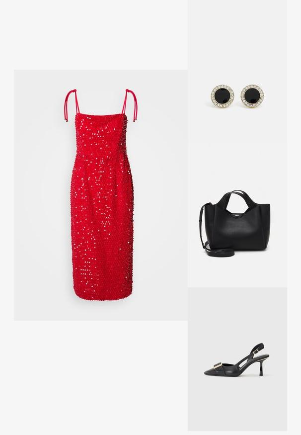 Červené bezrukávové šaty s priliehavým strihom, pokryté flitrami, s nastaviteľnými ramienkami a rovný lem.; Čierne kožené slingback topánky s špicatou špičkou, štíhlym podpätkom a akcentom zlatého tónu na priehlavku. Hladká textúra a štruktúrovaný dizajn.; Čierna kožená kabelka s textúrovaným povrchom, hranatým tvarom, dvojitými uchami a nastaviteľným ramenným popruhom. Obsahuje akcent loga DKNY.; DKNY INLAY STUD - Náušnice - black/gold-coloured