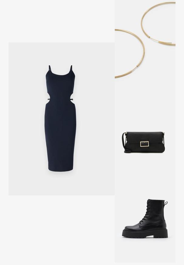 Mornarska obleka bodycon s spaghetti naramnicami, z izrezanimi stranicami, prilegajočo silhueto in dolžino do kolen. Narejena je iz gladkega materiala.; Črne usnjene gležnjarje z okroglo konico, vezalnim sprednjim delom in debelim gumijastim podplatom z teksturiranim profilom. Zanka na hrbtni strani.; Črna usnjena torbica na preklop z zlato kovinsko zaponko. Vključuje črn trak in eleganten, minimalističen dizajn.; Zlate obroče ušesne uhane, tanke in krožne oblike, z gladko kovinsko površino brez okrasnih elementov ali vzorcev.