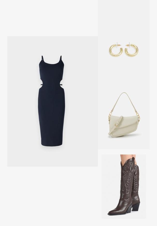 Tumes keha, spaghetti rihmadega kleit, millel on lõhikute külgedel, sobiv siluett ja põlvekohale ulatuv äär. Valmistatud siledast materjalist.; Pruunid nahast cowboy saapad terava varbaga ja plokk-kandaga, millel on detailne tikand ja kergelt tõstetud aktsendid varrel.; Väike kreemjas käekott tekstureeritud viimistlusega, pikendatav rihm, ketiläbimõõt ja klapiga sulgemine. Kuldsed metalldetailid.; Kuldne rõngassõrmused sileda ja läikiva viimistlusega. Ringikujuline disain, millel on väike post ja selge tagumine külg, et tagada kindel kandmine.