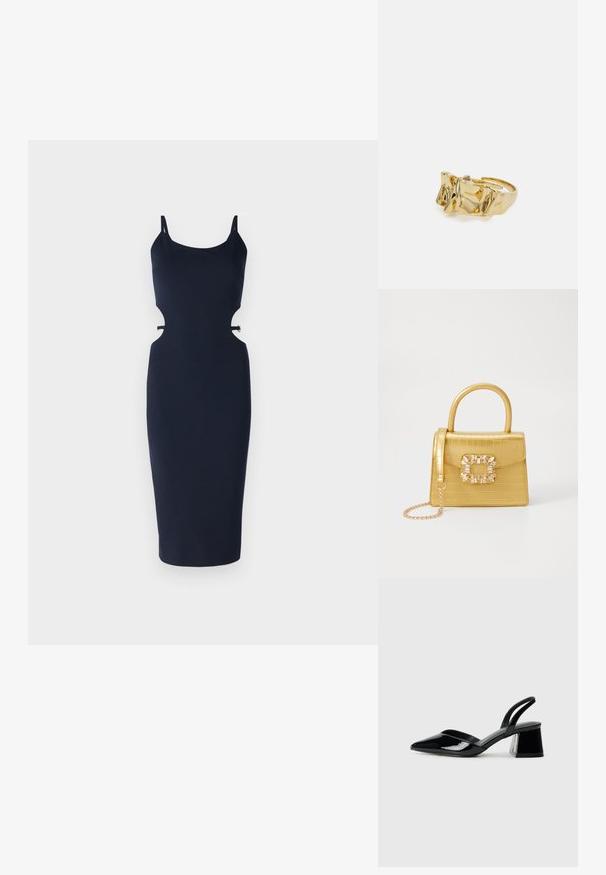 Námornícka bodycon šaty so špagetovými ramienkami, s vystuženými bokmi, priliehavým strihom a dĺžkou po kolená. Vyrobené z hladkého materiálu.; Čierne lakované kožené sandálové podpätky s špicatou špičkou a geometrickým blokovým podpätkom. Disponujú elegantným, minimalistickým dizajnom a hladkým povrchom.; Žltá falošná krokodília kabelka so štruktúrovaným dizajnom, horným držadlom, odnímateľným reťazovým popruhom a dekoratívnym kryštálovým ozdobením na zapínaní.; Zlatý prsteň s textúrovaným, vlnitým dizajnom, ktorý má tri výrazné vrcholy. Hladký, lesklý povrch a otvorený pásik pre nastaviteľné prispôsobenie.