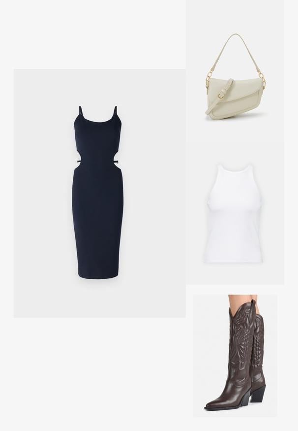Navy bodycon dress with spaghetti straps, featuring cut-out sides, a fitted silhouette, and a knee-length hem. Made from smooth material.; White sleeveless tank top made of ribbed fabric, featuring a rounded neckline and a fitted silhouette, with minimal seams and no embellishments.; Brown leather cowboy boots with pointed toe and block heel, featuring detailed stitching and raised accents on the shaft.; Small cream handbag with a textured finish, a long adjustable strap, a chain accent, and a flap closure. Gold hardware detailing.