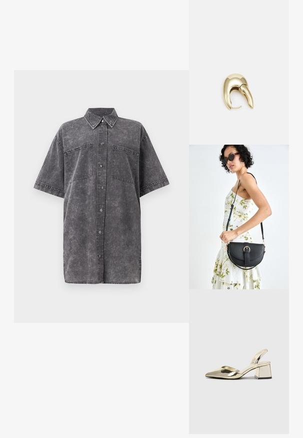 Szary dżinsowy oversize'owy shirt z krótkimi rękawami, z przodu zapięcie na guziki, dwie kieszenie na piersi i lekko wyblakła tekstura. Klasyczny krój kołnierza.; Złote, metaliczne szpilki z boku z wydłużonym noskiem i grubym obcasem. Gładka faktura, minimalistyczny design i wąski pasek.; Czarna skórzana torebka o zakrzywionym kształcie, z odpinanym paskiem i złotymi akcentami. Torebka posiada klapę z zapięciem w kształcie klamry.; Złote metalowe kolczyki o eleganckim, zakrzywionym kształcie. Posiadają charakterystyczny szpiczasty kształt, polerowaną powierzchnię oraz zapięcie na zawias.