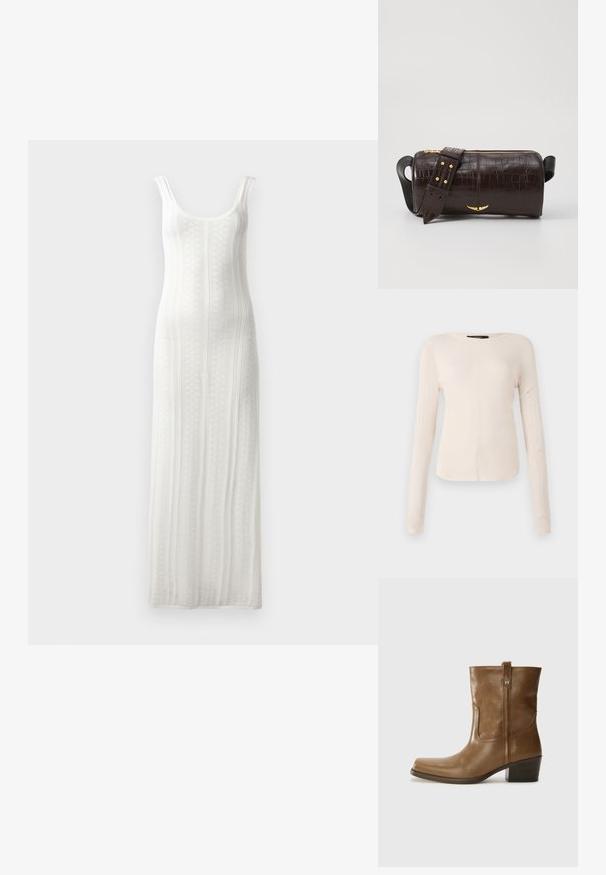 Neule valkoinen maksimekko, jossa on pyöreä kaula-aukko, ribbikuvio ja leveät hihnat. Sisältää pystysuoran raidallisen kuvion ja suoran siluetin.; Pitkähihainen, vaaleanbeige paita, jossa on pyöreä kaula-aukko. Valmistettu pehmeästä kankaasta, jossa on keskeinen sauma ja hieman kaareva helma. Ei näkyvää metalliosaa.; Ruske nahkasaappaat nilkkamittaisella leikkauksella, neliönmuotoisella kärjellä, teksturoidulla pinnalla ja alhaisella pinottavalla korolla. Varustettu takana olevan vetotarran ja huomaamattomilla ompeleilla.; Ruskea krokotiilinkuosilla varustettu nahkalaukku, jossa on sylinterimäinen muoto, kultasävyiset yksityiskohdat ja irrotettava hihna, jossa on niittejä.