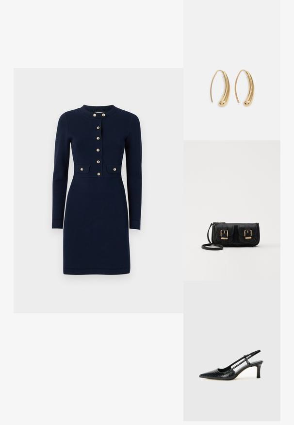 Granatowa dzianinowa sukienka z okrągłym dekoltem, długimi rękawami, złotymi zapięciami na guziki oraz dwoma przednimi kieszeniami z klapkami. Gładka faktura.; Czarne lakierowane czółenka na obcasie typu slingback z wąskim noskiem, z teksturowanym wzorem wężowym, regulowanym paskiem oraz krótkim, teksturowanym obcasem w kształcie słupka.; Czarna skórzana torba na ramię z dwoma przednimi kieszeniami, złotymi klamrami, zamkiem błyskawicznym i cienkim paskiem. Teksturowana powierzchnia i kompaktowy prostokątny kształt.; Złote metalowe kolczyki w kształcie obręczy o zakrzywionym, wydłużonym kształcie. Posiadają gładką, błyszczącą powierzchnię oraz zaokrąglony koniec dla dodatkowego efektu.