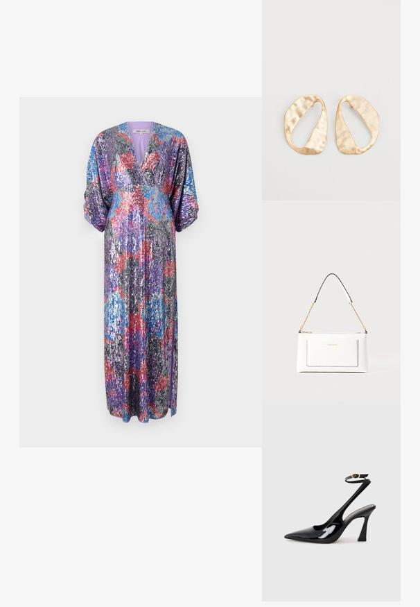 Diane von Furstenberg JESSEL DRESS - Îmbrăcăminte de ocazie - redemption rose/blue/red; Sandale cu toc înalt din piele patent neagră, cu vârf ascuțit, curea ajustabilă la gleznă și toc mediu pătrat. Textură netedă cu un finisaj lucios.; Geantă de mână din piele albă cu un finisaj texturat, având o curea din lanț aurie și accente negre. Include un buzunar frontal și închidere cu fermoar.; O pereche de cercei din metal de culoare aurie, cu formă ovală neregulată, având o suprafață texturată, ușor ciocănită, pe un fundal alb.