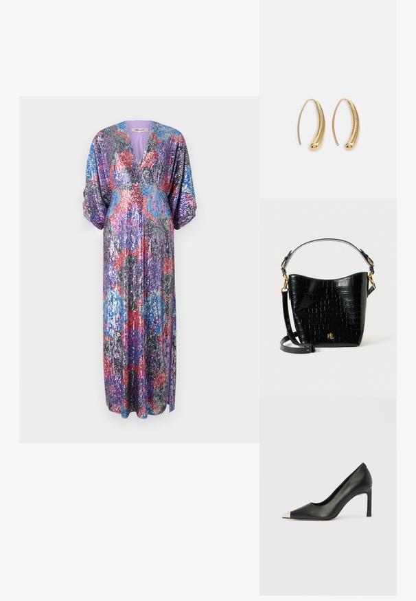 Diane von Furstenberg JESSEL DRESS - Abiti per occasioni speciali - redemption rose/blue/red; Scarpa con tacco alto in pelle nera con punta affilata e cappuccio metallico argento. Presenta una finitura liscia e un tacco sottile di 10 cm.; Borsa in pelle nera con effetto coccodrillo, dalla forma curvata, con dettagli in metallo dorato, una tracolla regolabile e un logo sul davanti.; Orecchini a cerchio in metallo color oro con forma curva ed allungata. Presentano una superficie liscia e lucida e una punta arrotondata per un tocco di dettaglio in più.