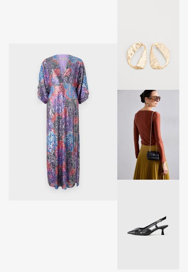 Diane von Furstenberg JESSEL DRESS - Occasion wear - redemption rose/blue/red; Black leather slingback shoe with a pointed toe, decorative straps featuring metal eyelets, and a low block heel. Textured surface.; Vivienne Westwood SMALL PURSE CHAIN - Cross body bag - black; Pair of irregular oval-shaped gold-toned metal earrings with a textured, slightly hammered surface on a white background.