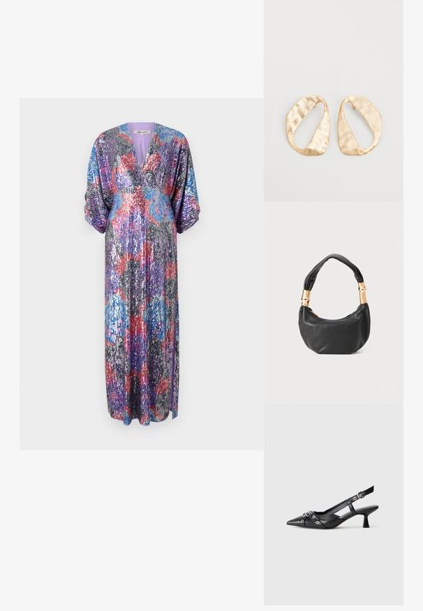 Diane von Furstenberg JESSEL DRESS - Abiti per occasioni speciali - redemption rose/blue/red; Scarpa slingback nera in pelle con punta affusolata, cinturini decorativi con occhielli metallici e tacco basso a blocco. Superficie testurizzata.; Borsa a tracolla in pelle nera con una forma rotonda, texture morbida e manico annodato con dettagli in metallo dorato. Chiusura con zip.; Un paio di orecchini in metallo di tonalità dorata, di forma ovale irregolare, con superficie texturizzata e leggermente martellata, su uno sfondo bianco.