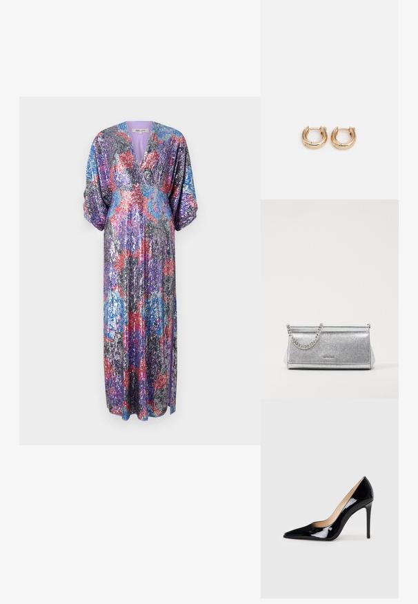 Diane von Furstenberg JESSEL DRESS - Roupa de cerimónia - redemption rose/blue/red; Sabrinas de salto alto em couro envernizado preto com um design de bico fino e uma silhueta elegante. Apresenta um acabamento suave e brilhante, além de um salto fino e esguio.; Clutch bag prateado com acabamento texturizado, apresentando uma alça de corrente prateada e uma forma retangular elegante. Fecho na parte superior.; Argolas de ouro com acabamento polido, apresentando um design circular e espesso, além de um mecanismo de fecho seguro. Textura suave e aparência brilhante.