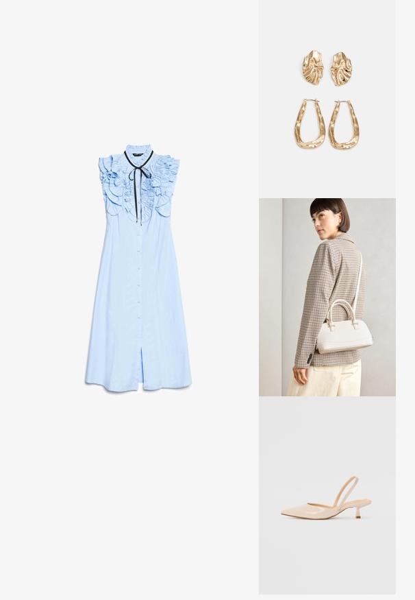 Vestido midi sem mangas azul claro com ombreiras plissadas e fechamento frontal com botões, e laço de fita preto no colarinho alto.; Saltos slingback em couro sintético bege com bico apontado e um salto quadrado fino. Textura suave e design minimalista sem embellishments.; Bolsa estruturada branca com alças curtas e uma alça de ombro, com detalhes em hardware dourado e material texturizado, exibida contra um fundo cinza.; Brincos em tom de ouro com formas onduladas e texturizadas. Inclui studs escultóricos com presilha e um design de argola aberta com um acabamento martelado.