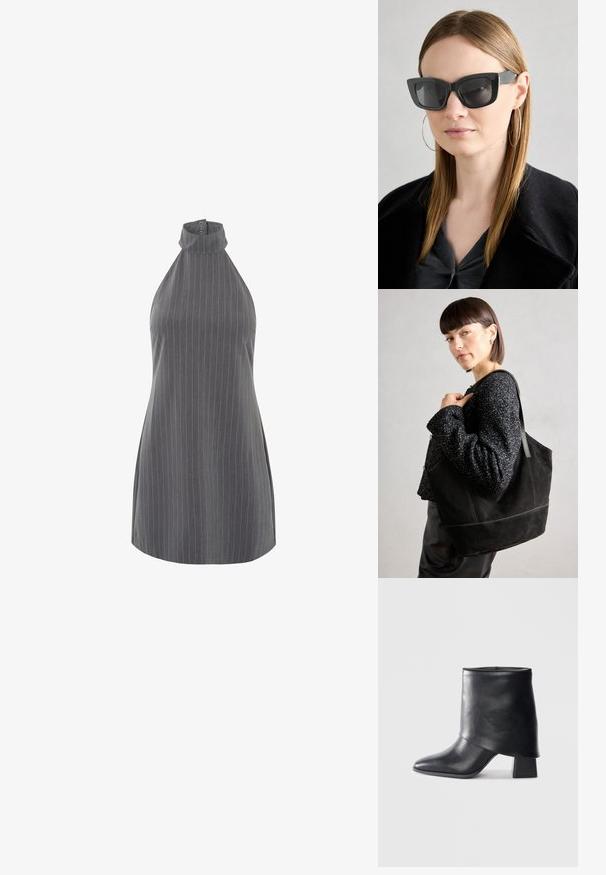 Top fără mâneci, cu dungi gri, caracterizat printr-un guler înalt și detalii cu nasturi la gât. Materialul are o textură netedă, cu dungi verticale.; Botine din piele neagră cu vârf ascuțit, textură netedă și toc bloc structurat. Prezintă un design cu manșetă înaltă și pliată.; Ochelari de soare negri tip cat-eye cu lentile întunecate, rame groase și accente subtile. Purtați cu o haină neagră și un top gri, având părul lung și drept.; Geantă tote din suede negru, cu o textură netedă, formă structurată și cusături contrastante. Dispune de bretele lungi pentru purtare pe umăr.