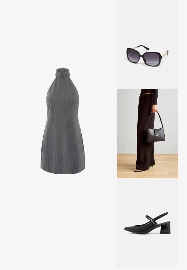 Débardeur rayé gris sans manches avec un col haut et des détails de boutons au niveau du cou. Le tissu a une texture lisse avec des rayures verticales.; Escarpins slingback en cuir verni noir avec un embout pointu, un design à découpes arrondies et un talon carré. Présente un accent de boucle en ton doré.; Lunettes de soleil noires surdimensionnées avec des verres dégradés, monture épaisse et détails en chaîne dorée sur les branches.; Sac à main noir à la forme structurée, texture lisse et fermoir métallique. Associé à un pantalon noir ample et des sandales ouvertes sur un sol en bois.