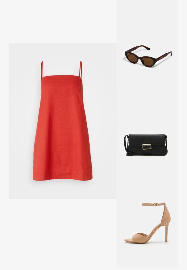 Abercrombie & Fitch TRAPEZE SKORT - Robe de jour - rococco red; ALDO CRERIDE PILLOW WALK - Sandales - beige; Lunettes de soleil en écaille de tortue marron avec une forme vintage de lunettes cat-eye et des verres marron. Présente des branches courbées avec des accents rouges.; Pochette en cuir noir avec un rabat et un détail en boucle en métal doré. Inclut une sangle noire et un design épuré et minimaliste.; Boucles d'oreilles en or avec une finition lisse et brillante. Design circulaire présentant un petit clou et une attache transparente pour un port sécurisé.
