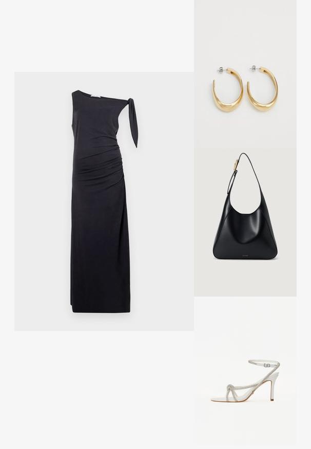 Rochie neagră, cu o singură umăr, fabricată dintr-un material moale, cu drapaje pe laterale și un detaliu cu legătură la umăr. Siluetă lungă și ajustată.; Sandalie albe cu toc înalt, cu o curea texturată ce prezintă strasuri, design cu vârf deschis și curea pentru gleznă cu cataramă ajustabilă.; Geantă de umăr din piele neagră, cu o textură netedă, siluetă curbată și un accent din hardware aurit. Prezintă logo-ul brandului embosat la bază.; Cercei cercei de tip hoop de culoare aurie, cu un design neted și curbat. Fabricate din metal, având un finisaj elegant și închidere cu tijă.