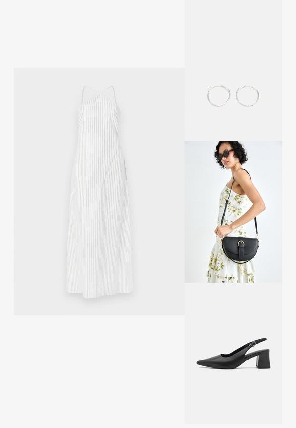 Balta juostuota suknelė su kryžminio nugaros dizainu, pagaminta iš lengvos medžiagos. Suknelė turi plonas vertikalias juodas juostas ir laisvą siluetą.; Juodas odinis šlepetis su užsegimu ant kulno, smailiu pirštu ir masyviu blokuotu kulnu. Yra reguliuojama juostelė su metaliniu užsegimu.; Juodas odinis krepšys su išlenkta forma, nuimamu dirželiu ir auksiniais detalėmis. Krepšys turi kilpą su sagtimi.; Sidabrinės auskarai žiedai su sėslia, apvalia forma, pasižymintys lygia paviršiumi ir be matomų puošmenų. Svoris nenurodytas.