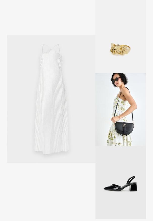 Biele pruhované šaty s prekríženým dizajnom na chrbte, vyrobené z ľahkej látky. Majú tenké vertikálne čierne pruhy a voľný strih.; Čierne lakované kožené sandálové podpätky s špicatou špičkou a geometrickým blokovým podpätkom. Disponujú elegantným, minimalistickým dizajnom a hladkým povrchom.; Čierna kožená kabelka s zaobleným tvarom, odnímateľným popruhom a zlatými doplnkami. Kabelka má klopu s detailom s prackou.; Zlatý prsteň s textúrovaným, vlnitým dizajnom, ktorý má tri výrazné vrcholy. Hladký, lesklý povrch a otvorený pásik pre nastaviteľné prispôsobenie.; Zlatý prsteň s textúrovaným, vlnitým dizajnom, ktorý má tri výrazné vrcholy. Hladký, lesklý povrch a otvorený pásik pre nastaviteľné prispôsobenie.