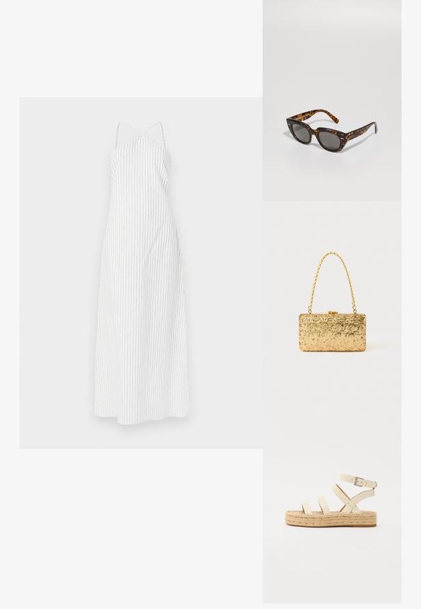Weißes gestreiftes Kleid mit einem Kreuzrücken-Design, aus leichtem Stoff gefertigt. Besitzt dünne vertikale schwarze Streifen und eine fließende Silhouette.; Hellbeige Leder-espadrillesandalette mit vier überkreuzten Riemen und einem Knöchelverschluss, ausgestattet mit einer geflochtenen Jutesohle und einer flachen Gummisohle.; Schildpatt-Sonnenbrille mit kantigen Rahmen und grauen Gläsern. Verfügt über eine glänzende Oberfläche und dezente Markenkennzeichnung an den Bügeln.; Goldene Pailletten-Clutch mit rechteckiger Form, ausgestattet mit einem gedrehten Kettenhenkel und einem Metallverschluss, der das Licht mit einer strukturierten Oberfläche reflektiert.