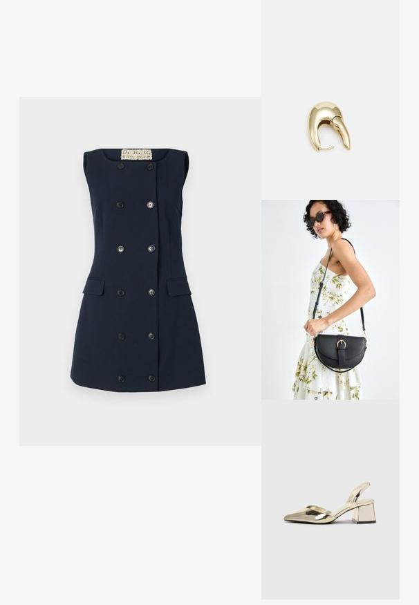 Marineblå ermeløs kjole med en tettsittende fasong, dobbelspent knappelukking, to frontlommer og flat krage for en strukturert silhuett.; Gull, metallisk slingback-hæler med spiss tå og chunky hæl. Glatt tekstur, minimalistisk design og en smal stropp.; Svart lærveske med en buet form, avtagbar stropp og gullbeslag. Vesken har et klaff med spenne-detall.; Gullfarget metalløredobber med et elegant, buet design. Har en karakteristisk spiss form, polert overflate og hengsel-lukking.