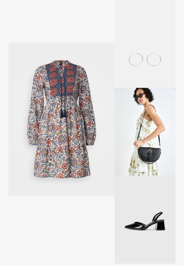 Vestido floral branco com mangas longas, apresentando um corpete padrão azul e vermelho, decote ajustável com franjas e cintura franzida.; Sandy em verniz preto com salto slingback, ponta afilada e salto geométrico. Apresenta um design elegante e minimalista com textura suave.; Bolsa de couro preta com forma curva, alça destacável e detalhes em dourado. A bolsa possui uma aba com detalhe de fivela.; Brincos de argola prateados com um design arredondado e elegante, apresentando uma superfície lisa e sem adornos visíveis. Diâmetro não especificado.