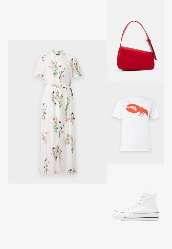 Gėlėmis dekoruota maksi suknelė su trumpomis rankovėmis, balta pagrindo spalva, mygtukų uždarymu priekyje ir audiniu surišama juosta. Pasižymi spalvingu gėlių raštu ir minkštu tekstūru.; Balta medvilnė marškinėliai su dideliu, ryškiu raudonu omaru grafiku priekyje. Trumpomis rankovėmis ir standartiniu apvaliu kaklu.; Balti aukštakulniai drobės sportbačiai su juodu guminio pado, priekinio guminio piršto dangteliu ir šešiais akytėmis raištams, pasižymintys švariu, minimalistiniu dizainu.; Raudona odinė rankinė su kampuota, geometrine forma. Pasižymi viena reguliuojama dirželiu ir dangteliu su siuvinėtais dekoracijomis.