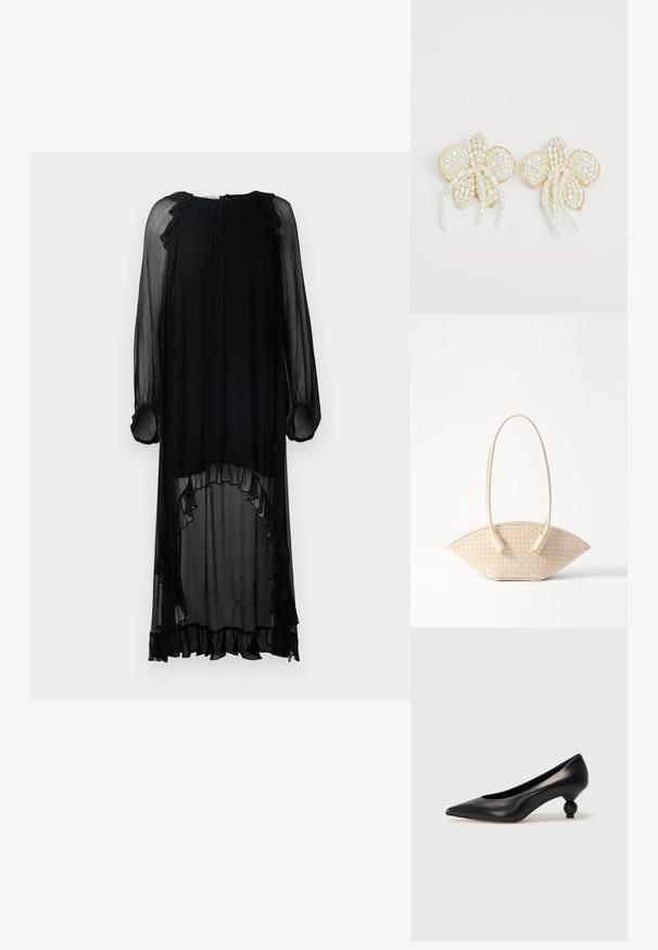 Černé, průhledné šaty s dlouhými rukávy a volánkovými detaily. Mají kulatý výstřih a asymetrický lem, což vytváří splývavý siluetu.; Černá kožená vysoká bota na podpatku s špičatou špičkou a kulatým, zaobleným podpatkem. Hladká textura s elegantním, minimalistickým designem.; Tkaná béžová kabelka s jedinečným zakřiveným tvarem, která má dva texturované úchyty a cylindrické kovové detaily.; Náušnice ve tvaru květin z perel se zlatými akcenty. Každý okvětní lístek má malé, kulaté perly uspořádané do květinového vzoru, s jemnými perlami na závěsu.