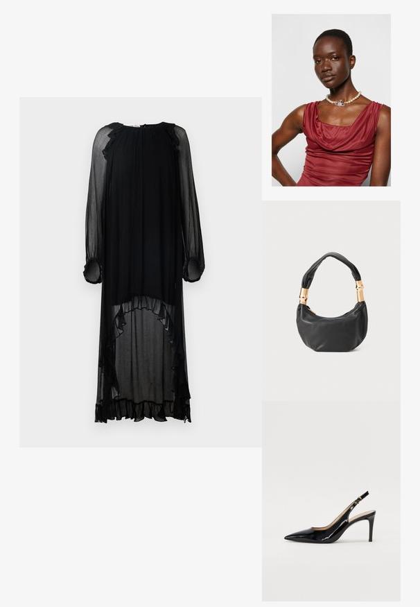 Vestido preto, transparente, com mangas longas e detalhes em babados. Apresenta um decote redondo e uma barra assimétrica, criando uma silhueta fluida.; Sandal com salto em verniz preto, bico fino, salto esguio e um design de recorte subtil. Apresenta uma fivela dourada na alça.; Mala de mão em couro preto com forma redonda, textura suave e alça com nó, apresentando detalhes em metal dourado. Fecho em zíper.; Vestido de gola drapeada, de um vermelho profundo, com uma textura suave. Apresenta um colar de pérolas com um detalhe prateado decorativo ao centro.