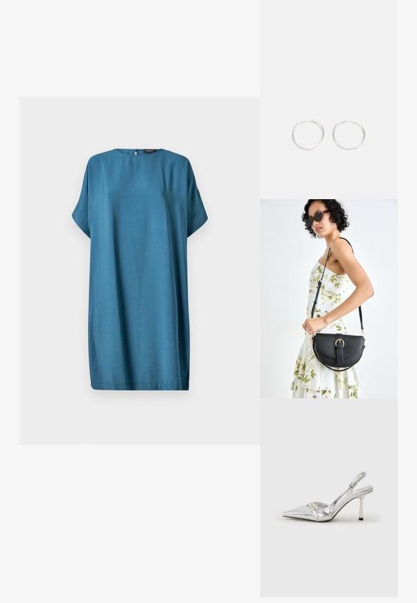 Türkisfarbenes oversized Kleid mit rundem Ausschnitt, kurzen Ärmeln und einem Schlüsselverschluss im Rücken. Hergestellt aus einem glatten, leichten Stoff.; Silberner Slingback-High-Heel-Schuh mit spitz zulaufender Zehenpartie, metallic-finish, zwei dekorativen Riemen und einem schlanken Absatz mit schwarzer Spitze.; Schwarze Lederhandtasche mit geschwungener Form, abnehmbarem Tragegurt und goldenen Beschlägen. Die Tasche verfügt über einen Deckel mit einer Schnallen-Details.; Silberne Creolen mit einem schlanken, runden Design, das eine glatte Oberfläche und keine sichtbaren Verzierungen aufweist. Durchmesser nicht angegeben.