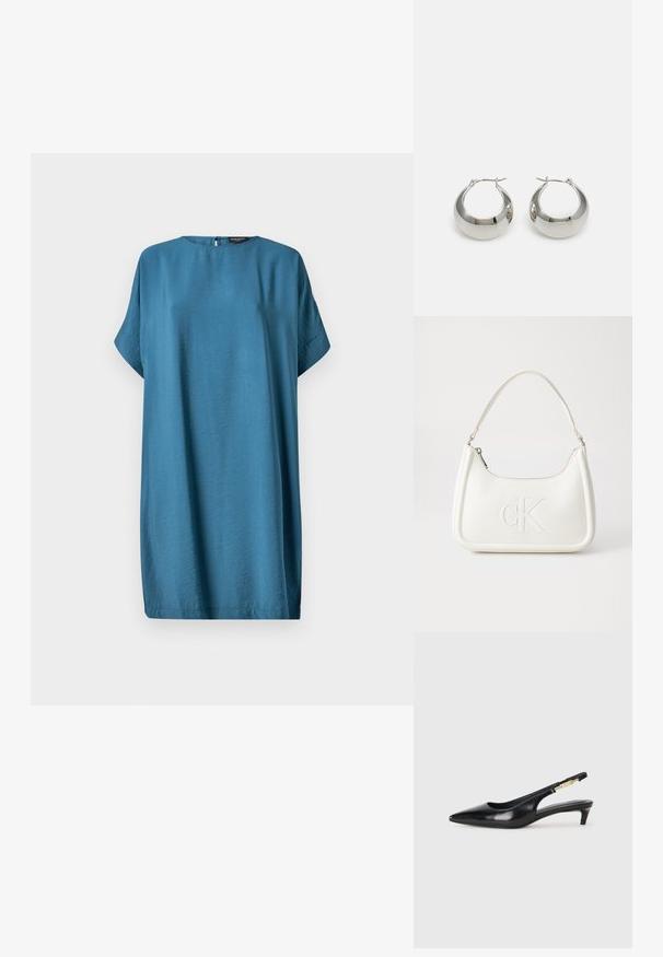 Teal oversized kjole med rund hals, korte ermer og nøkkelhullsknoting bak. Laget av et glat, lett stoff.; Sorte lærreim hæler med spiss tå, som har en slank hæl og en gullfarget detalj på den justerbare stroppen. Glatt tekstur.; Hvit lærveske med en buet fasong, med et preget "CK"-logo på forsiden og en enkel skulderstropp. Glidelåslukking på toppen.; Sølvmetalløreringer med en glatt, skinnende overflate og et strukturert, rundet design. Har en hengslet lås for sikker bruk.