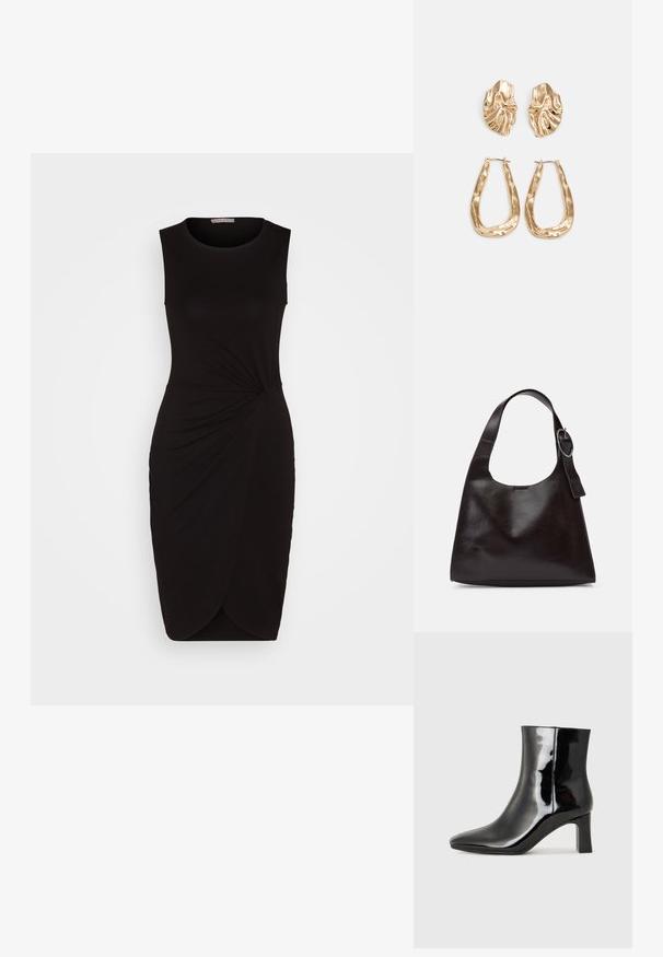 Rochie neagră fără mâneci, dintr-un material jersey, cu un detaliu de nod răsucit la talie și o margine curbă, având o siluetă ajustată.; Botine negre din piele lacuită, cu vârful ascuțit și toc bloc de înălțime medie. Textură netedă și design minimalist.; Geantă de umăr din piele maro, cu o textură netedă, formă rotunjită, curea largă și un accent metallic circular pe mânere.; Cercei aurii cu forme texturate și ondulate. Include studs sculpturale cu clip și un design de cerc deschis cu un finisaj cioplit.