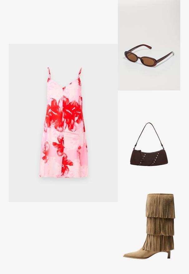 Cvetna obleka z rožnato podlago in velikimi rdečimi ter belimi cvetnimi vzorci, nastavljivimi tankimi naramnicami in ravno silhueto.; Čizme s frinžom do gležnja iz svetlosmeđeg nubuka s tremi slojevitimi frinžami. Špičast sprednji del in nizek blok peto. Gladka tekstura po vsej površini.; Okrogle, rjavo obarvane sončne naočare z sijočim burgundskim okvirjem. Tanek nosilec s subtilnim logotipom. Oblika leč je ravna.; Rjava sintetična usnjena torbica s ukrivljeno obliko, zadrgo in dekorativnimi srebrnimi žebljički ob eni strani. Ima kratko naramnico.