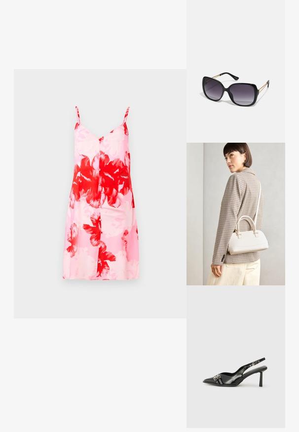 Kvetinové šaty s ružovým základom a veľkými červenými a bielymi kvetinovými vzormi, nastaviteľnými špagetovými ramienkami a rovnou siluetou.; Čierne lakované kožené slingback topánky s špicatou špičkou, remienkami okolo členku s striebornými prackami a hardvérom, a štíhlým podpätkom.; Čierne oversized slnečné okuliare s gradientovými sklíčkami, hrubými rámami a zlatým retiazkovým detailom na stranách.; Biela štruktúrovaná kabelka s krátkymi rúčkami a ramenným popruhom, s zlatými kovovými prvkami a textúrovaným materiálom, vystavená na šedom pozadí.