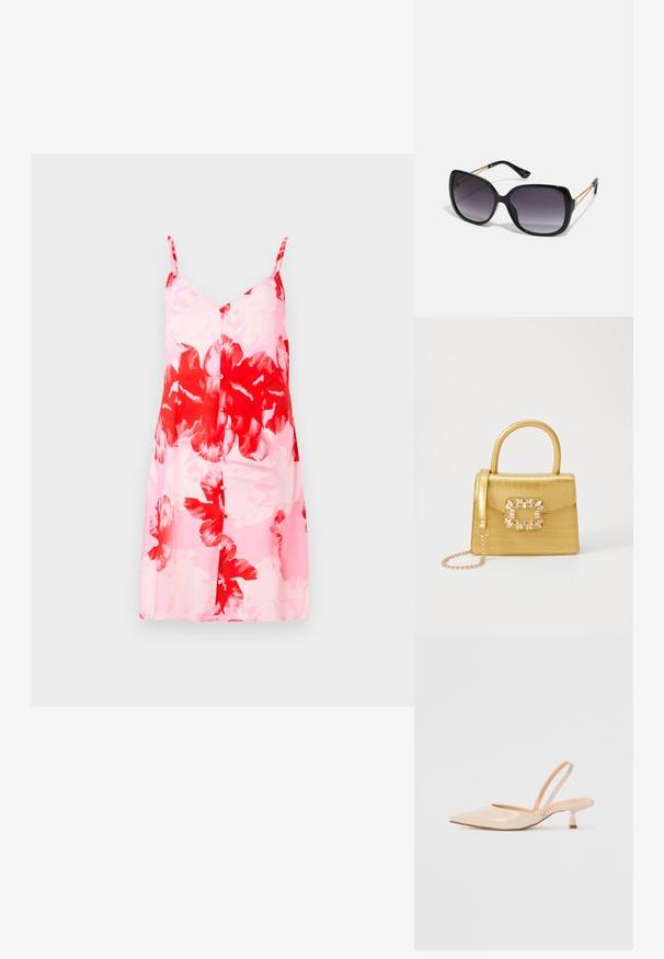 Blomstrete kjole med rosa base og store røde og hvite blomster mønstre, justerbare spaghettistropper og rett silhuett.; Beige patenterte lærremmer med spiss tå og slank, firkantet hæl. Glatt tekstur og minimalistisk design uten dekorasjoner.; Sorte oversized solbriller med gradient linser, tykke rammer og detaljering med gulltonekjede på tempelarmene.; Gul faux-krokodille veske med en strukturert design, toppen håndtak, avtagbar kjede stropp, og dekorativ krystallbortsettelse på låsen.