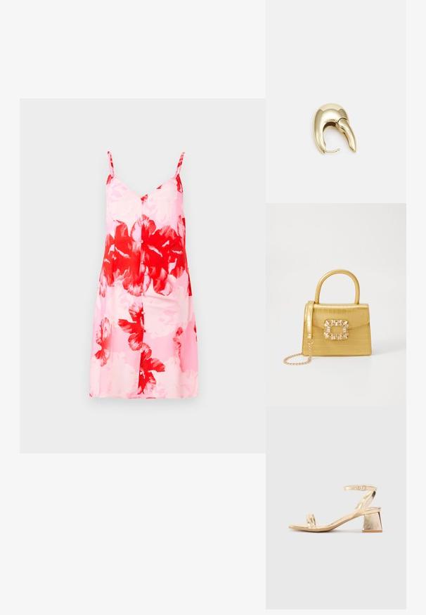 Kvetinové šaty s ružovým základom a veľkými červenými a bielymi kvetinovými vzormi, nastaviteľnými špagetovými ramienkami a rovnou siluetou.; Zlaté metalické sandále na podpätku s uhlovým blokovým podpätkom, dvoma pásikmi cez nohu a nastaviteľným pásikom okolo členka. Hladká textúra.; Žltá falošná krokodília kabelka so štruktúrovaným dizajnom, horným držadlom, odnímateľným reťazovým popruhom a dekoratívnym kryštálovým ozdobením na zapínaní.; Náušnice z kovu v zlatej farbe s elegantným, zakriveným dizajnom. Majú charakteristický špicatý tvar, leštený povrch a uzáver na pánt.