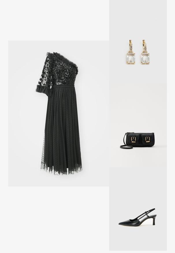 Abito da sera nero con design a spalla unica, corpino ricoperto di paillettes, gonna in tulle con motivo a pois e accenti di pizzo arricciato sulla manica.; Slingback con tacco in vernice nera con punta affusolata, caratterizzato da una stampa a serpente testurizzata, cinturino regolabile e un tacco corto e testurizzato.; Borsa a tracolla nera in pelle con due tasche frontali, fibbie dorate, chiusura con zip e una tracolla sottile. Superficie texturizzata e forma rettangolare compatta.; Orecchini in tonalità dorata con un cristallo trasparente rettangolare sospeso sotto una fila di piccoli accenti trasparenti rotondi. Design elegante e moderno.