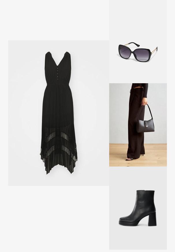 Černé plisované šaty s výstřihem do V, bez rukávů a s detailem knoflíků. Obsahují vrstvený, průhledný lem s plynulou texturou.; Černý kožený kotníkový bot s blokovým podpatkem a platformou, viděný z boku na jednoduchém bílém pozadí.; Černé oversized sluneční brýle se gradientními skly, silnými rámy a zlatými řetízkovými detaily na nožičkách.; Černá kabelka se strukturovaným tvarem, hladkým povrchem a kovovým uzávěrem. Kombinována s širokými černými kalhotami a sandály s otevřenou špičkou na dřevěné podlaze.