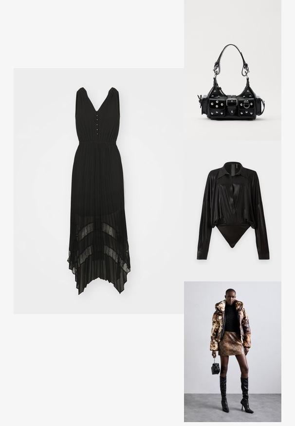 Czarna rozkloszowana sukienka z dekoltem w kształcie V, bez rękawów, z detalami w postaci guzików. Posiada warstwowy, przezroczysty dół o zwiewnej strukturze.; Czarny bodysuit z długimi rękawami, dekoltem w serek i dopasowanym fasonem. Wykonany z błyszczącego, gładkiego materiału z usztywnionym kołnierzykiem i mankietami.; Kurtka puchowa w brązowo-czarny wzór, w połączeniu z brązową mini spódnicą w wężowy wzór, czarnymi wysokimi kozakami do kolan i małą czarną torebką.; Czarna skórzana torebka w zakrzywionym kształcie, z srebrnymi ćwiekami, klamrą i dwoma bocznymi kieszeniami. Regulowany pasek umożliwiający różne opcje noszenia.