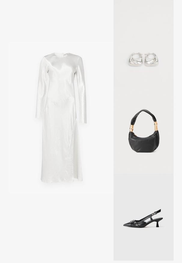 Max Mara Leisure ELOGIO - Pidulikud riided - bianco; Must must have must toote tõmblukuga, dekoratiivsed rihmad metallist silmadega ja madal blokk-kand. Tekstureeritud pind.; Must mustrepp nahkakott ümmarguse kujuga, pehme tekstuuriga ja sõlmiga käepidemega, millel on kuldse tooni aksessuaarid. Lukuga sulgemine.; Hõbedased rõngas kõrvarõngad, millel on sile, ümar disain ja laineline aksent, millel on väikesed, selged rhinestones ühe ääre ääres.