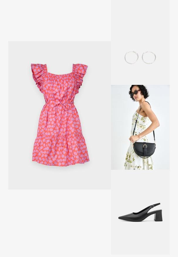 Ružové kvety na šatách s volánovými rukávmi, elastickým pásom, rozšírenou sukňou a detailom viazania v páse. Obsahuje vzor sedmokrások.; Čierna kožená sandálová topánka na opätku s vyvýšeným špičatým prstom a robustným blokovým opätkom. Obsahuje nastaviteľný remienok s kovovou prackou.; Čierna kožená kabelka s zaobleným tvarom, odnímateľným popruhom a zlatými doplnkami. Kabelka má klopu s detailom s prackou.; Strieborné kruhové náušnice s elegantným, okrúhlym dizajnom, s hladkým povrchom a bez viditeľných ozdôb. Priemer nie je špecifikovaný.