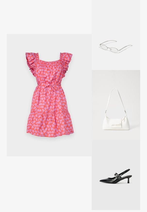 Rózsaszín virágmintás ruha fodros ujjakkal, gumis derékkal, bővülő szoknyával és megkötő részlettel a deréknál. Gyermekminta kálát tartalmaz.; Fekete lakkbőr slingback sarkú cipők hegyes orral és kis blokk talppal, ezüst csat díszítéssel a pánton.; Ovális szemüveg fém ezüst kerettel, átlátszó lencsékkel és texturált gyöngyös szárakkal. Könnyű kialakítás ívelt karokkal.; Fehér szintetikus kézitáska, háromszög alakú, lapos előlap, masni részlettel, állítható pánttal, sima textúrával és minimalista dizájnnal.