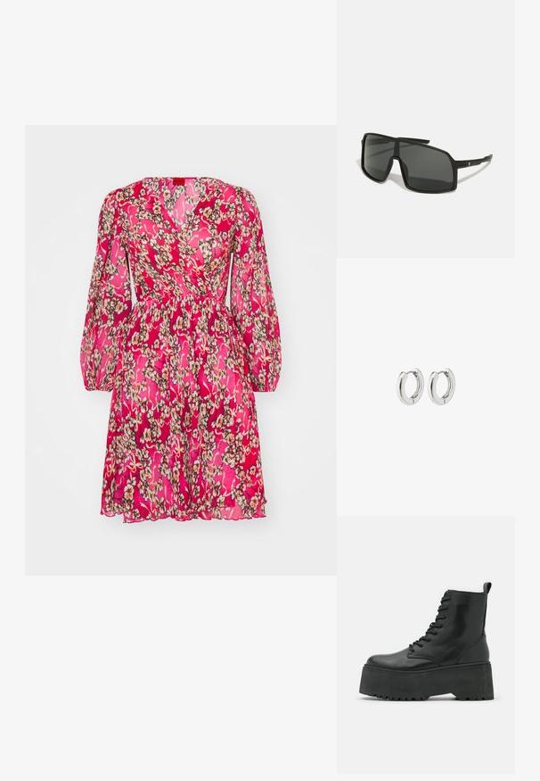 Floral wrap dress in vibrant pink with long puff sleeves, featuring a textured fabric and a cinched waist, adorned with small beige and cream flowers.; Black ankle boots with a chunky platform sole, made of smooth leather, featuring a lace-up design and a pull tab at the back.; Black sunglasses with a large, angular frame, dark lenses, and thin, sleek arms featuring a small logo on one side.; Silver hoop earrings with a polished finish, featuring a circular design and seamless hinges, displaying a smooth texture.