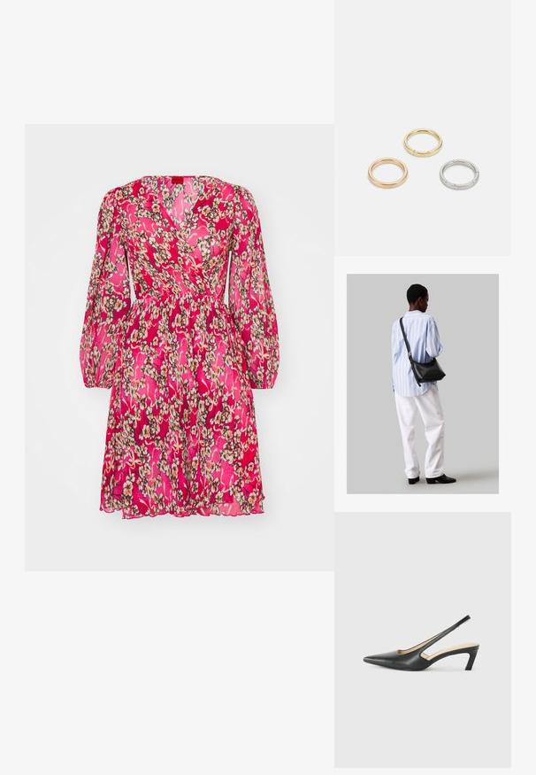 Ziedu aptinuma kleita spilgti rozā krāsā ar garām pūkainām piedurknēm, veidota no strukturēta auduma un ar sašaurinātu jostasvietu, rotāta ar maziem bēžiem un krēmkrāsas ziediem.; Melna, ar smailu purngalu, slingback kurpe ar zemu papēdi, izgatavota no gludas ādas materiāla un ar izgriezumiem sānos gaisa caurlaidībai.; Melna ādas plecu soma ar mīkstu tekstūru, trīsstūra formu un regulējamu siksnu, apvienota ar gaiši zilu svītrotu krekli un baltām biksēm.; Trīs metāla gredzeni: viens rozā zeltā, viens zeltā ar teksturētiem akcentiem un viens sudraba, visiem ar iegravētām zīmola atzīmēm iekšējā joslā.