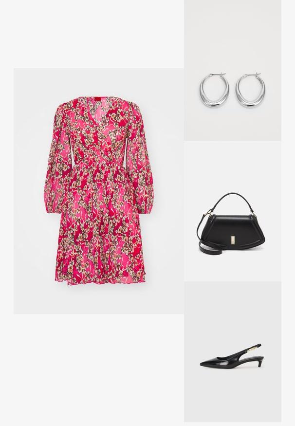 Robe portefeuille fleurie en rose vif avec de longues manches ballon, présentant un tissu texturé et une taille cintrée, ornée de petites fleurs beiges et crème.; Talons hauts en cuir noir avec un bout pointu, dotés d'un talon fin et d'un accent en ton or sur la lanière réglable. Texture lisse.; Sac à main en cuir noir avec un design structuré, featuring une forme cropped, une poignée supérieure et des accents en matériel doré. Bandoulière réglable incluse.; Une paire de boucles d'oreilles en croissant en argent poli avec des fermoirs à charnière sur un fond blanc.