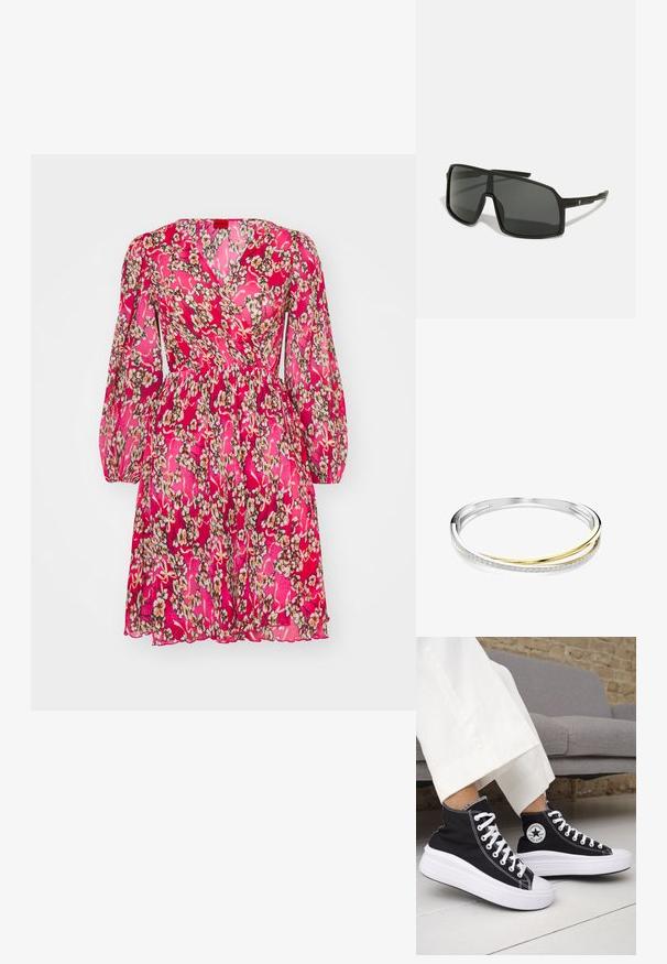 Floral wrap dress in vibrant pink with long puff sleeves, featuring a textured fabric and a cinched waist, adorned with small beige and cream flowers.; Black high-top sneakers with white rubber soles and laces. Features a round logo patch and contrasting white stitching. Canvas material.; Black sunglasses with a large, angular frame, dark lenses, and thin, sleek arms featuring a small logo on one side.; Bangle bracelet with polished silver and gold bands; accented with a row of clear gemstones along one edge. Smooth, sleek design.