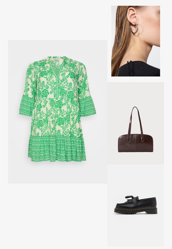 Zaļš ziedu tunika ar V veida kakla izgriezumu un zvanu piedurknēm. Izgatavota no viegla auduma, ar sarežģītiem lapu rakstiem un slāņotu volānu apakšmalu.; Melnas ādas mokasīni ar pērlītēm uzsvaru, ar masīvu melnu zoli un dzeltenu šuvumu gar malu. Ar teksturētu apdari.; Brūna ādas rokassoma ar divām garām rokturiem, strukturēta taisnstūra forma, gluda tekstūra un noapaļoti stūri. Iekļauj akcentus rokturos.; Sudraba auskars ar pulētu apdari, ar maziem zelta akcentiem un apaļu formu, uz ausu ļipiņas.