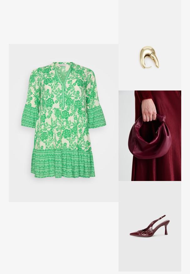Πράσινη λουλουδάτη τούνικα με V λαιμόκοψη και φουσκωτά μανίκια. Κατασκευασμένη από ελαφρύ ύφασμα, διαθέτει περίπλοκες σχέσεις φύλλων και tiered ραφές.; Χαμηλές γόβες από μπορντό πατέντα με μυτερή μύτη και φουσκωτές λεπτομέρειες, διαθέτοντας slim τακούνι και ρυθμιζόμενο λουράκι στον αστράγαλο.; Μαρέν δερμάτινη τσάντα χειρός με μαλακό, συγκεντρωμένο σχέδιο και στρογγυλό σχήμα. Η λαβή είναι ασφαλισμένη, παρουσιάζοντας μια λεία υφή.; Χρυσόχρωμο μέταλλο σκουλαρίκι με κομψό, καμπυλωτό σχέδιο. Διαθέτει χαρακτηριστικό μυτερό σχήμα, γυαλιστερή επιφάνεια και κλείσιμο με μεντεσέ.