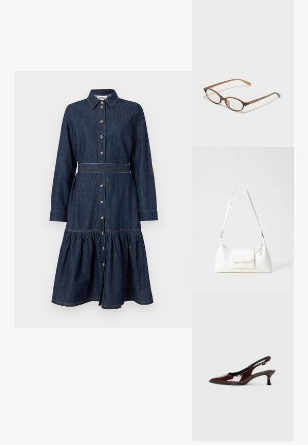 Denimkjole med kragehals, hel knappestilling, lange ermer og lagdelt skjørt. Mørkeblå farge med gullfargede knapper og sting.; Brune patentlæder slingback sko med spids tå og moderat hæl. Har en spænde rem for sikker pasform. Glat tekstur.; Brune skjellbriller med ovale linser, tynne stenger og gjennomsiktige detaljer. Har en subtil logo på stangen. Elegant, lett design.; Hvit syntetisk håndveske med trekantet form, flat klaff foran og sløyfe detaljer, justerbar stropp, glatt tekstur og minimalistisk design.