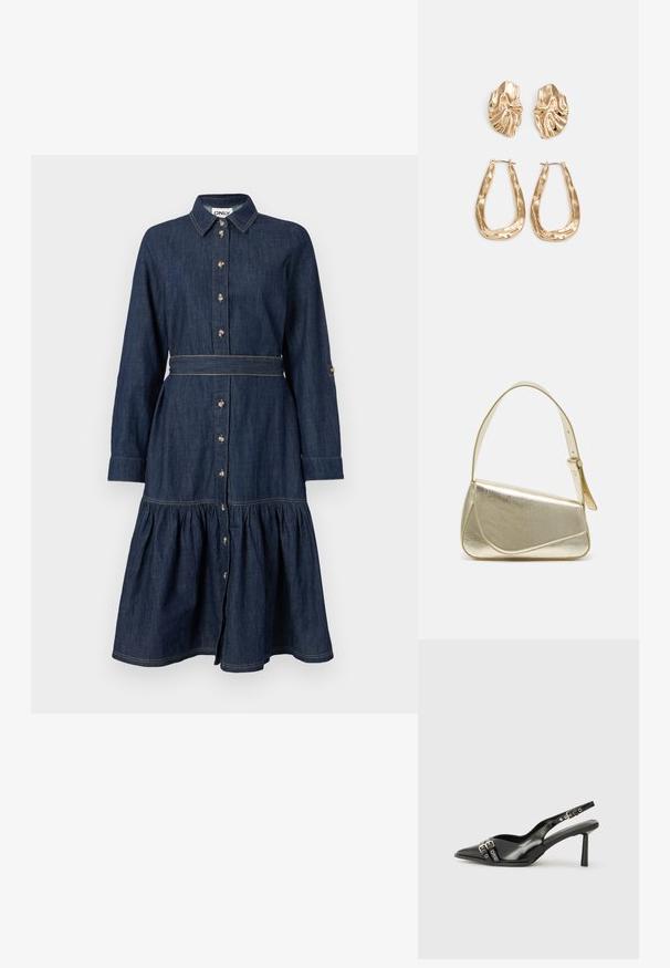 Denim haljina s ovratnikom, punim gumbom sprijeda, dugim rukavima i višeslojnim suknjom. Tamnoplava boja s zlaćanim gumbima i šavovima.; Crna lakirana slingback cipela s izduženim vrhom, remenčićima oko gležnja s srebrnim kopčama i dijelovima, te vitkim potplatom.; Zlatna metalna torba s uređenim dizajnom, glatkom teksturom i podesivim remenom. Ima jedinstven trokutasti oblik i minimalističko šivanje.; Naušnice zlatne boje s teksturiranim, valovitim oblicima. Uključuju skulpturalne kopče i dizajn otvorene kružnice s kovanom završnom obradom.
